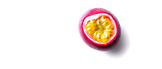 Wall Mural - A vibrant, halved passion fruit showcasing its juicy, yellow pulp and seeds against a clean, white background.