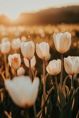 Poster - Field of White Flowers at Sunset