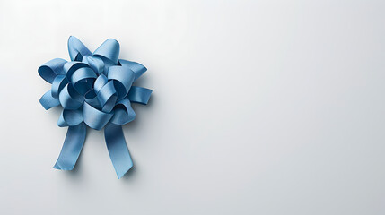 Poster - a single gift-wrapping bow, vibrant blue, satin-like texture with perfectly symmetrical loops, centered on a bright white background. 