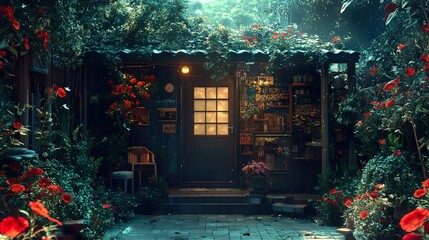 Wall Mural - Enchanted Garden Shop: A Mystical Night Scene