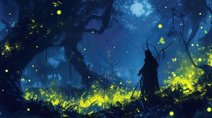 Wall Mural - a herd of giant luminous fireflies leading the way through a mysterious misty forest at night illumi