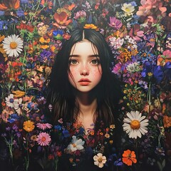 Canvas Print - Girl in a Flower Garden: A Dreamy Portrait