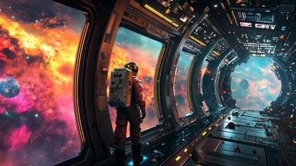 Wall Mural - futuristic space station with vast glass windows overlooking a colorful nebula, astronauts floating 