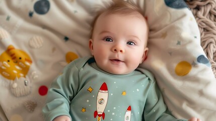 Wall Mural - A trendy green baby jumpsuit with a fun rocket design