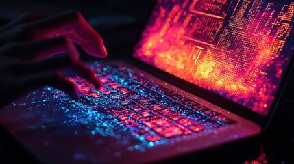 Person coding on a laptop with vibrant programming code on the screen