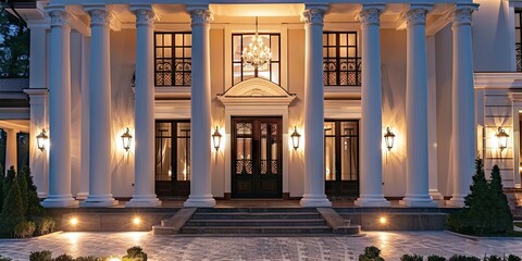 Wall Mural - Elegant neoclassical villa with tall white pillars, grand double doors, and a semicircular driveway lined with lanterns. 