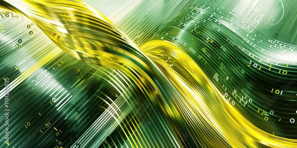 Flowing ribbons of binary code intertwining in green and yellow ...