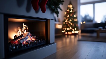 Sticker - Cozy Christmas fireplace with burning logs and decorated tree. (1)