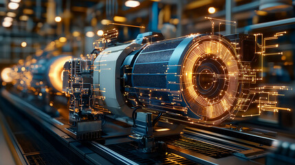 Aufkleber - Modern electric motor with glowing circuits in factory setting