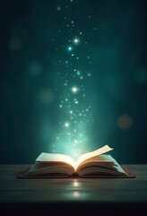 Poster - Mystery open book with shining light fantasy book with magic light and stars on a table with teal background