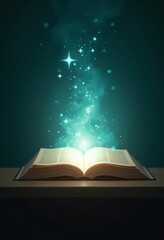 Poster - Mystery open book with shining light fantasy book with magic light and stars on a table with teal background