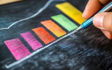 Leinwandbilder - Closeup of a hand drawing a colorful bar graph on a chalkboard, holding a pen, representing market analysis and growth strategies