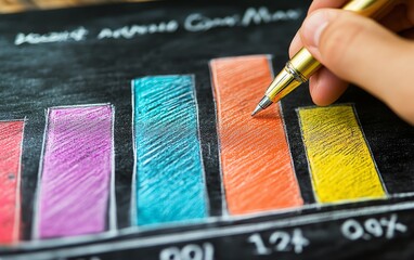 Leinwandbilder - Closeup of a hand drawing a colorful bar graph on a chalkboard, holding a pen, representing market analysis and growth strategies