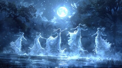 Wall Mural - with each turn and twirl the ghostly dancers leave behind a trail of shimmering light as they spin u