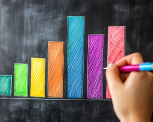 Poster - Hand drawing a colorful bar graph on a chalkboard, with a pen in hand, representing data analysis and creative thinking