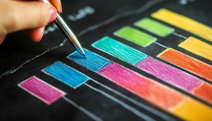 Leinwandbilder - Hand drawing a colorful bar graph on a chalkboard, with a pen in hand, representing data analysis and creative thinking