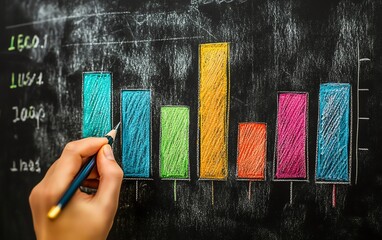 Leinwandbilder - Hand drawing a colorful bar graph on a chalkboard, with a pen in hand, representing data analysis and creative thinking