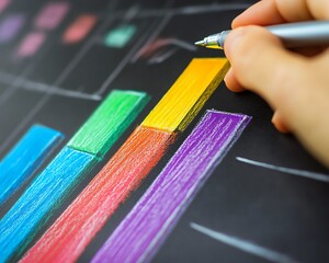 Leinwandbilder - Hand drawing a colorful bar graph on a chalkboard, with a pen in hand, representing data analysis and creative thinking