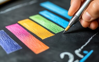 Leinwandbilder - Hand holding a pen, drawing a colorful bar graph on a chalkboard, representing market trends and strategic planning