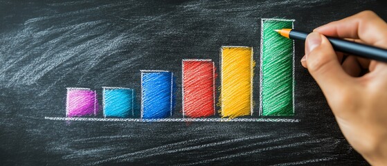Leinwandbilder - Hand holding a pen, drawing a colorful bar graph on a chalkboard, representing market trends and strategic planning