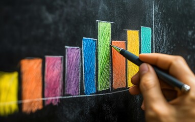 Leinwandbilder - Hand holding a pen, drawing a colorful bar graph on a chalkboard, representing market trends and strategic planning