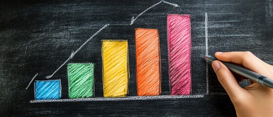 Leinwandbilder - Hand with a pen drawing a vibrant bar graph on a chalkboard, symbolizing the growth and analysis of business data