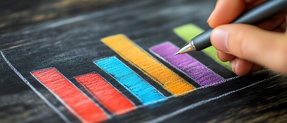 Poster - Hand with a pen drawing a vibrant bar graph on a chalkboard, symbolizing the growth and analysis of business data