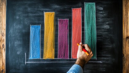 Leinwandbilder - Man drawing a colorful bar graph with chalk on a rustic chalkboard, symbolizing analysis, strategy, and creative business solutions