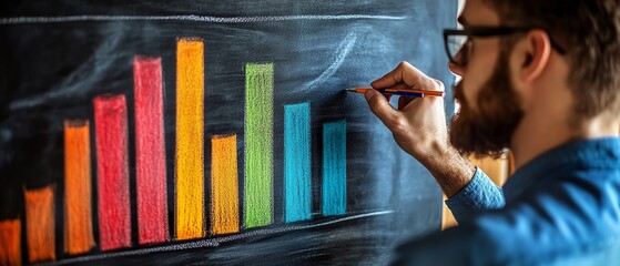 Leinwandbilder - Man drawing a colorful bar graph on a chalkboard in a rustic workspace, representing growth, strategy, and creative thinking