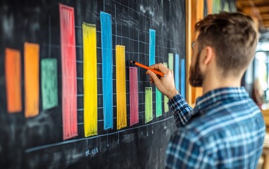 Poster - Man drawing a graph on a chalkboard with colorful bars in a rustic setting, symbolizing business analysis and creativity