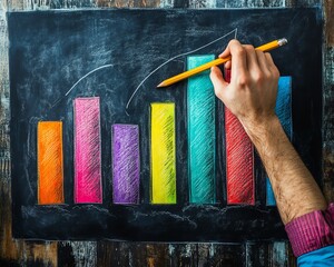 Leinwandbilder - Man sketching a vibrant bar graph on a chalkboard with colorful bars in a rustic setting, symbolizing progress and business planning