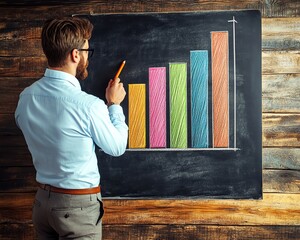 Leinwandbilder - Man with a chalk in hand, drawing a colorful bar graph on a chalkboard in a rustic setting, representing analytics and business development