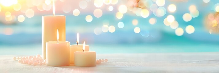 Sticker - Lit white candles on a table against a soft blue and white bokeh background, evoking calmness and peace.