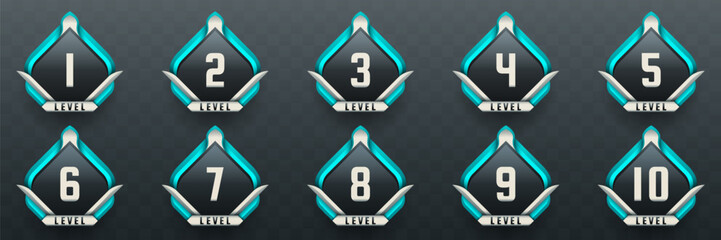Wall Mural - game level up badges in black, silver and cyan color-themed for game ui designs