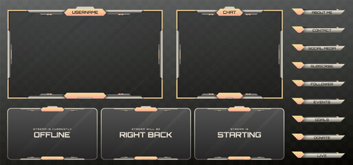 Wall Mural - Stream Overlay Webcam Screen Frame and Stream Alert GUI Panels in Metallic Black, Silver, and Peach Color-Themed for Gaming and Live Video Streaming Platforms