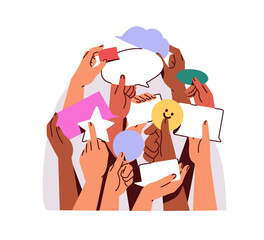 Wall Mural - communication, group opinion, society and public feedback. concept with hands holding speech bubbles