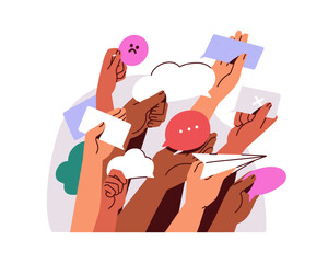 Protest, strike concept with hands holding negative feedback, bad opinion. Discontent crowd, public, community rally. Group communication. Flat vector illustration isolated on white background