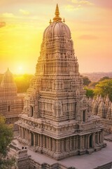 Wall Mural - Ornate temple complex, sunset backdrop.