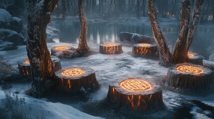 A mystical gathering site with glowing symbols on tree stumps by a serene, snowy waterway.
