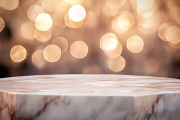 Poster - Empty marble podium with warm bokeh lights in the background.