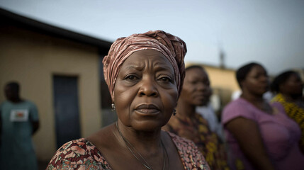 Portrait of an older African woman wearing a headscarf with other women on a village street