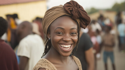 Wall Mural - A smiling African woman wearing a brown headscarf in the middle of a crowd