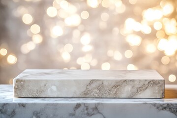 Poster - A white marble podium on a marble surface with bokeh lights in the background.
