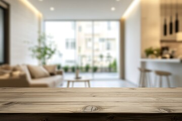 Poster - Blurred view of a modern living room with a wooden table in the foreground.