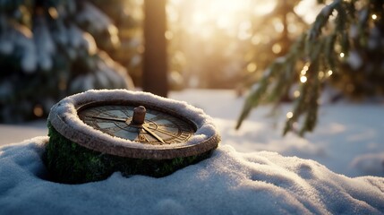 Wall Mural - Snow-covered compass in a winter forest at sunset.