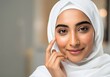 © Inspire Studio - Portrait of Beautiful Young Woman in White Hijab Touching Face, Skincare Concept