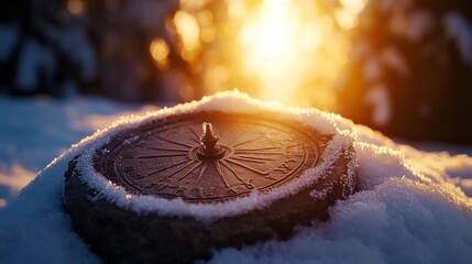 Wall Mural - Snowy mountaintop summit marker at sunset.