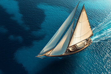 Wall Mural - aerial view of sailboat sailing on deep blue ocean water