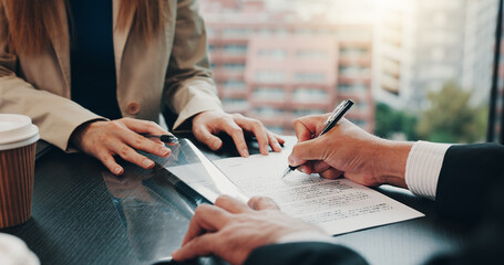 Aufkleber - Japanese, business people and hands with contract, documents or paper for signature or agreement at office. Closeup, employees or colleagues with form, application or policy for signing, b2b or deal