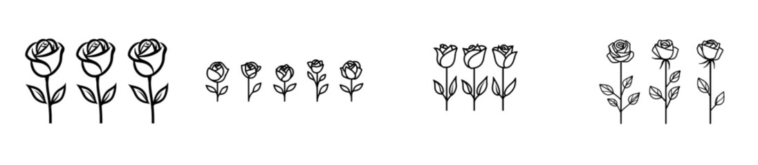Wall Mural - a single line drawing of a garden rose with leaves, featuring a hand-drawn sketch set of flowers in 